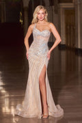 Fitted Dress One-Shoulder Neckline Sheer Beaded Corset Crystal Embellishment Slit-0