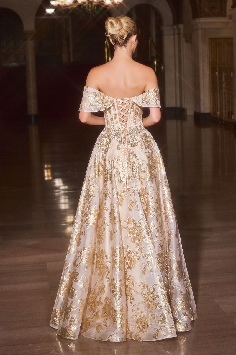 Ball Gown Off-The-Shoulder Beaded Crystal Corset Metallic Floral Jacquard Skirt-2