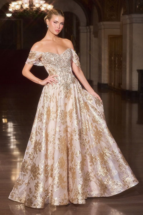 Ball Gown Off-The-Shoulder Beaded Crystal Corset Metallic Floral Jacquard Skirt-0