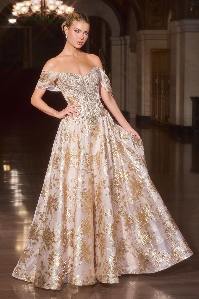 Ball Gown Off-The-Shoulder Beaded Crystal Corset Metallic Floral Jacquard Skirt-1