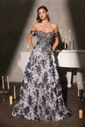 Ball Gown Off-The-Shoulder Beaded Crystal Corset Metallic Floral Jacquard Skirt-4