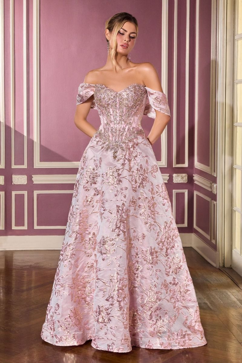 Ball Gown Off-The-Shoulder Beaded Crystal Corset Metallic Floral Jacquard Skirt-3