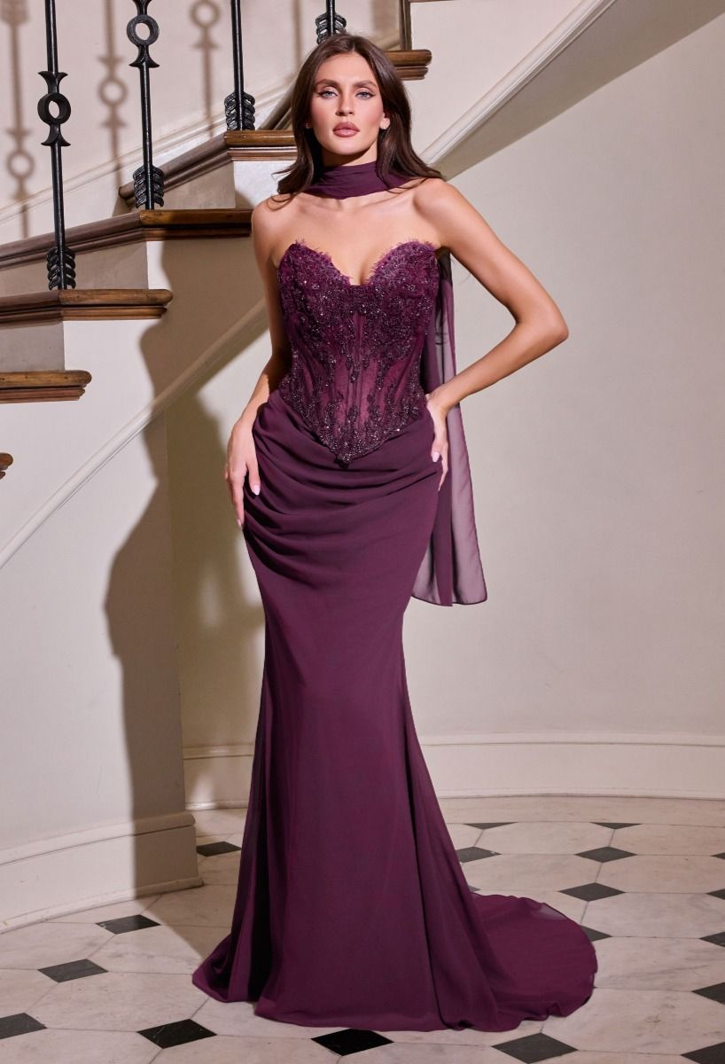 Strapless Beaded Sheer Corset Mesh Gown-1