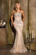 Strapless Fitted Gown Sheer Crystal Corset Linear Beading Tulle Train Lace-Up Back-0