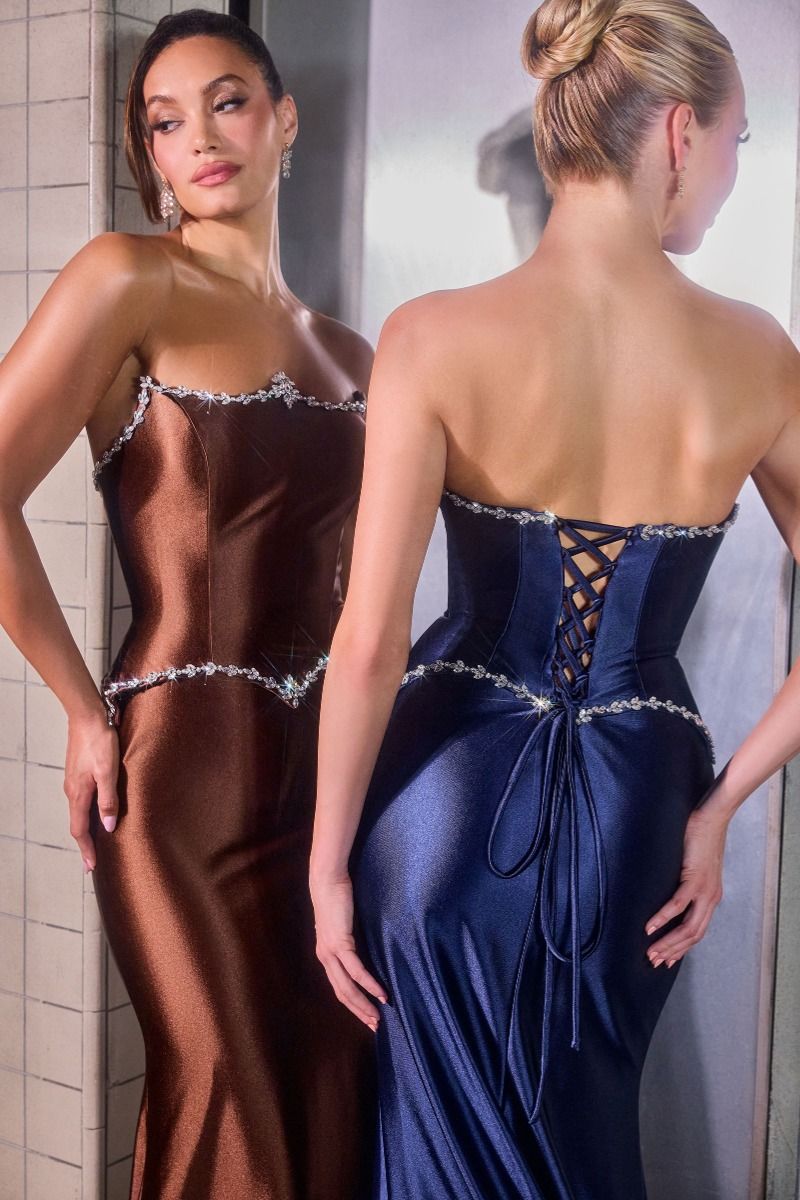 Strapless Satin Fitted Gown Crystal Bodice Lace-Up Corset Back-1