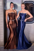Strapless Satin Fitted Gown Crystal Bodice Lace-Up Corset Back-0