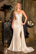 Fitted Gown One-Shoulder Sweetheart Draped Satin Beaded Floral Appliqué Sweep Train-0