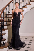 Mermaid Strapless Dress Sheer Illusion Beaded Corset Bodice Lace-Up Back-0