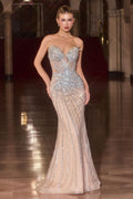 Mermaid Strapless Dress Sheer Illusion Beaded Corset Bodice Lace-Up Back-1