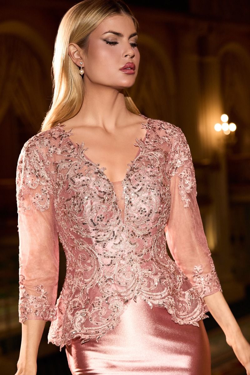 Lace Appliqué Peplum Fitted Evening Gown with Three-Quarter Sleeves-2