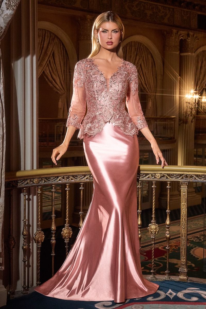 Lace Appliqué Peplum Fitted Evening Gown with Three-Quarter Sleeves-0