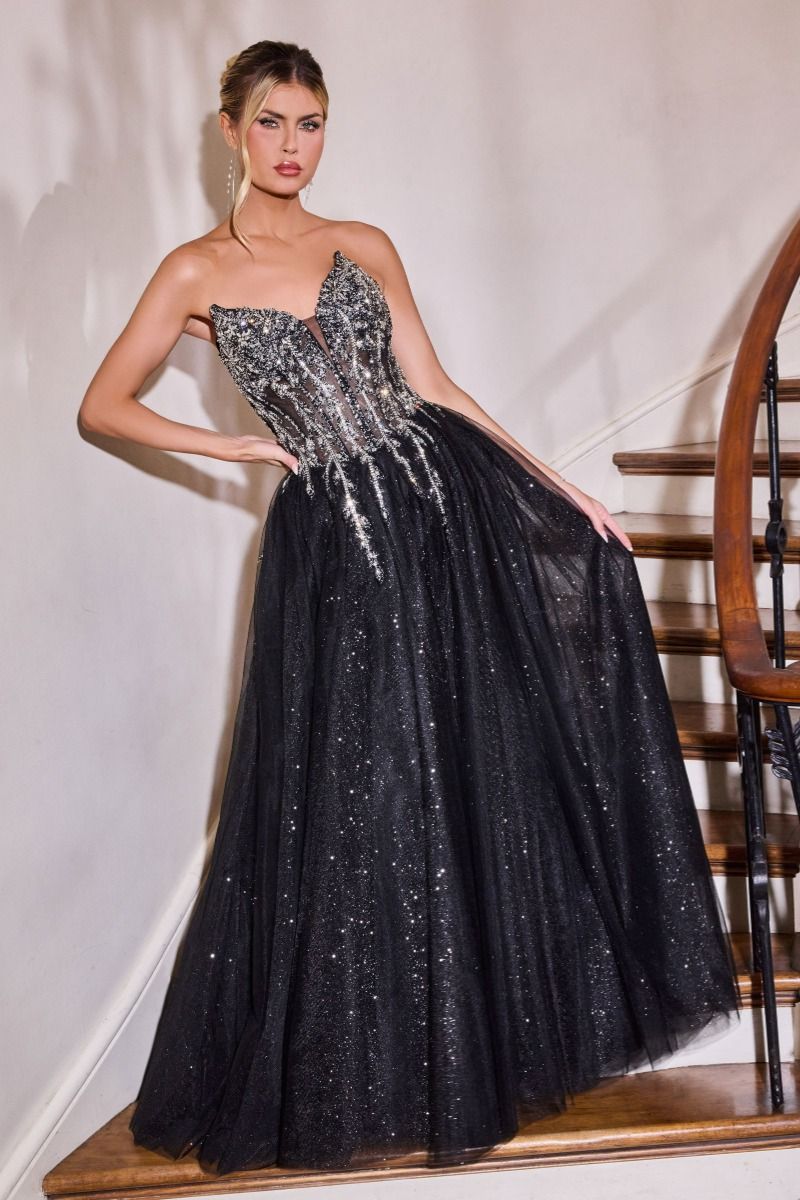 Strapless Crystal Corset A-Line Glitter Tulle Gown-7
