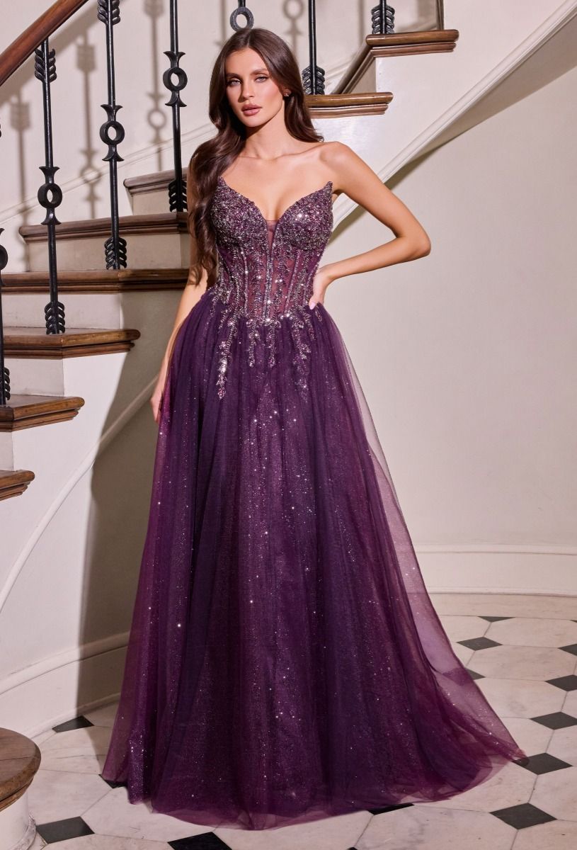 Strapless Crystal Corset A-Line Glitter Tulle Gown-2