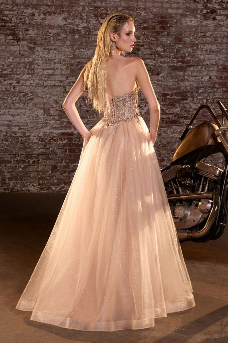 Strapless Crystal Corset A-Line Glitter Tulle Gown-4