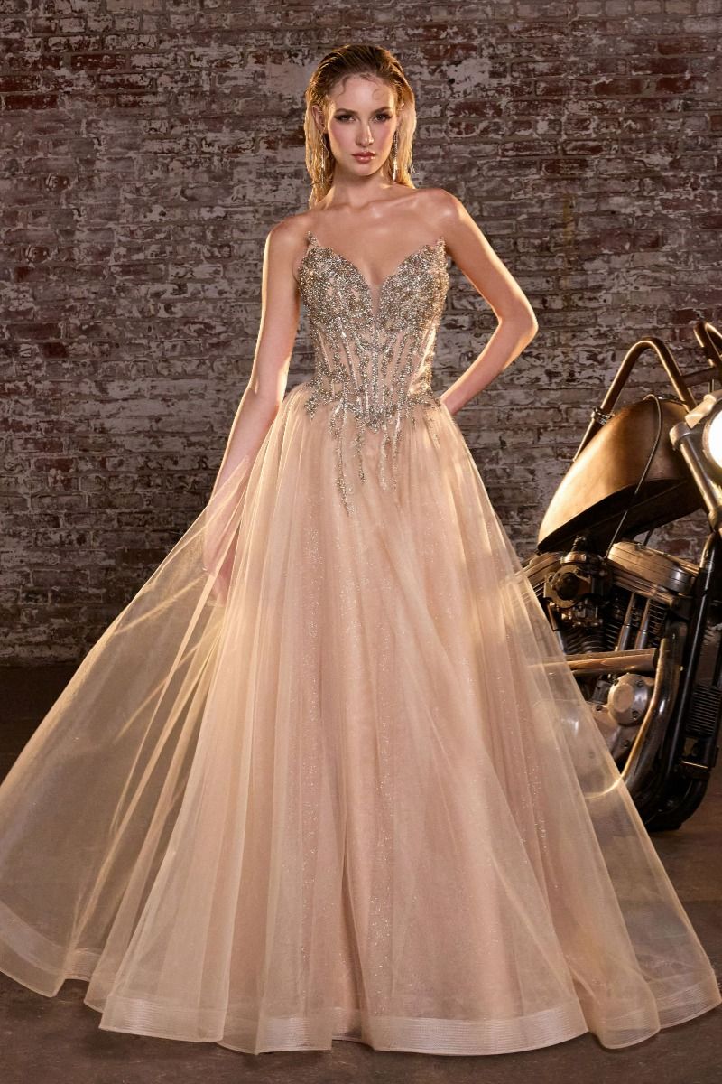 Strapless Crystal Corset A-Line Glitter Tulle Gown-3