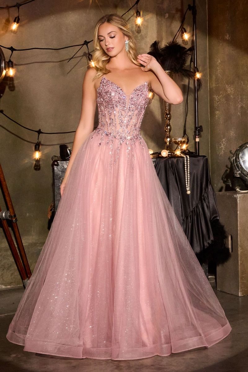 Strapless Crystal Corset A-Line Glitter Tulle Gown-6