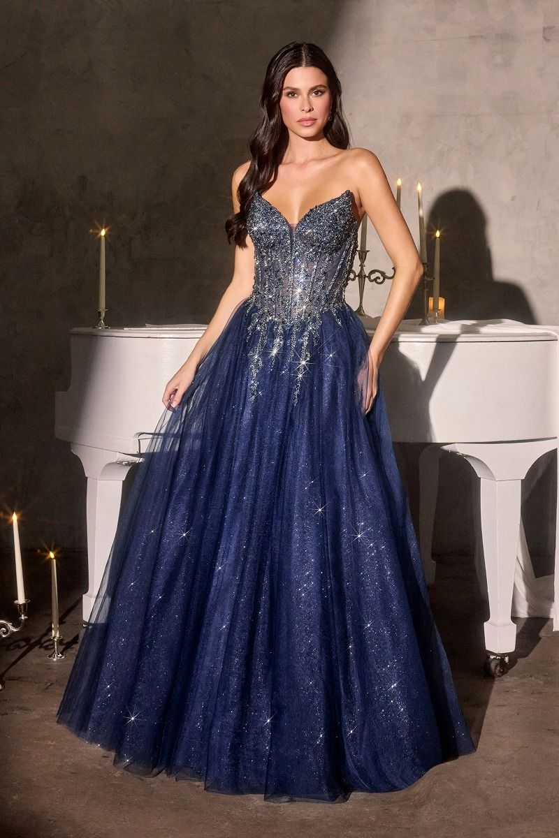 Strapless Crystal Corset A-Line Glitter Tulle Gown-7