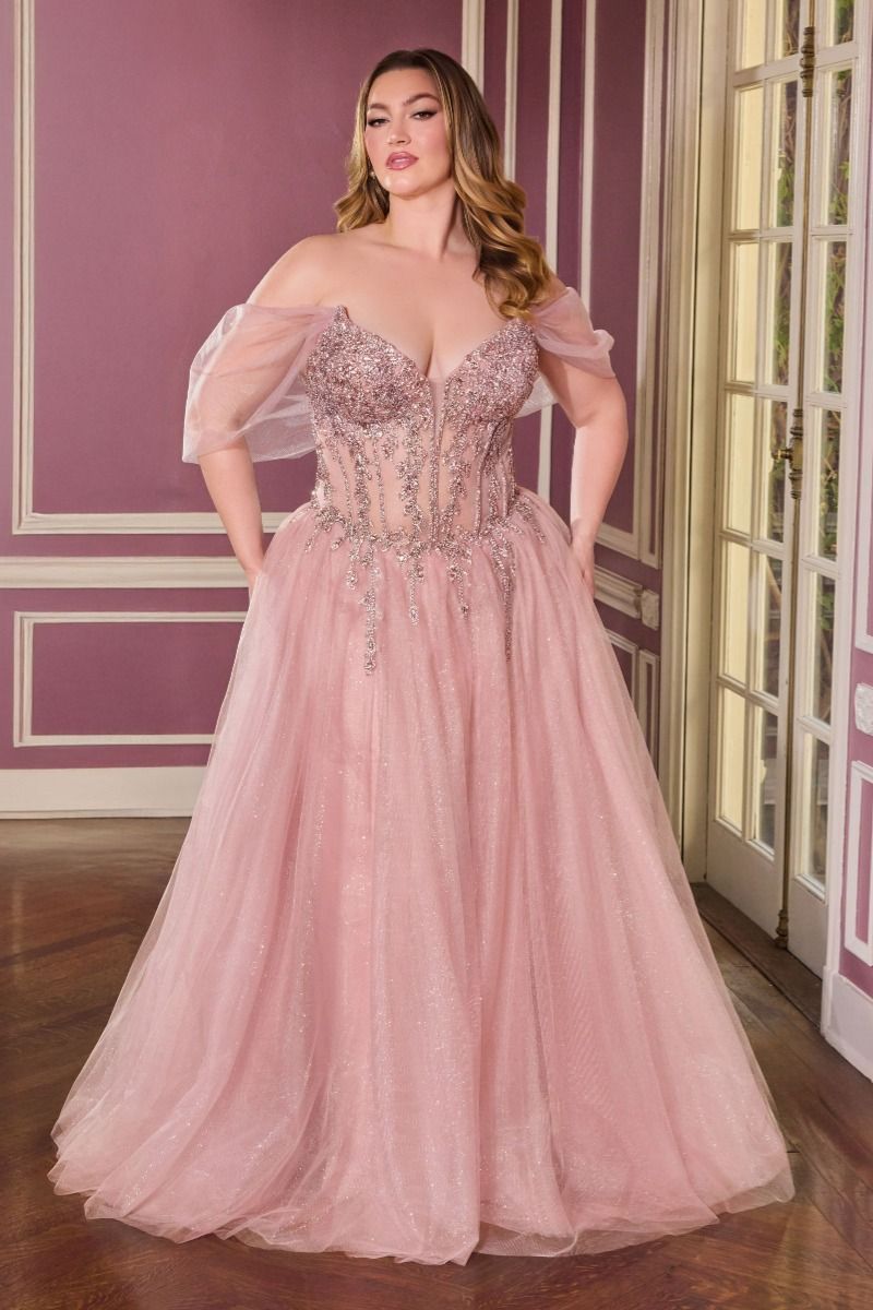 Off-Shoulder Beaded Corset A-Line Glitter Tulle Gown-0
