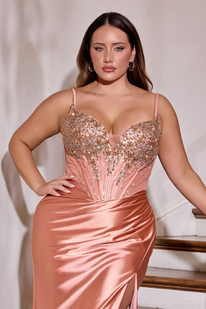 Fitted Dress Deep V-Neck Beaded Bodice Stretch Satin Skirt Slit Removable Straps-4
