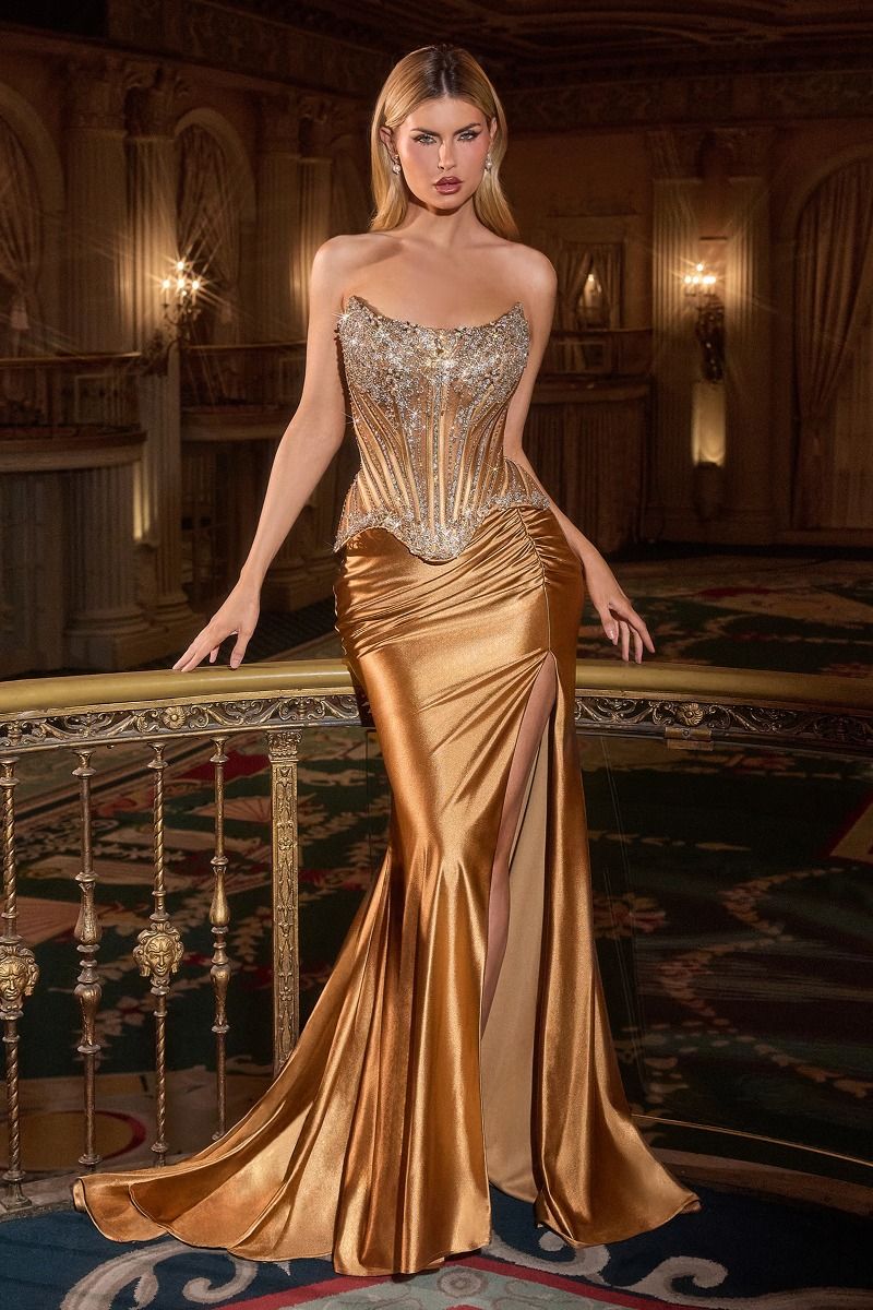 Crystal Strapless Fitted Satin Dress-3