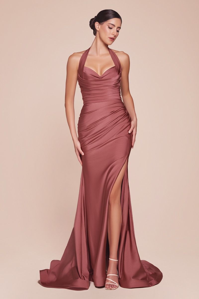 Stetch Satin Halter Fitted Dress 2-3
