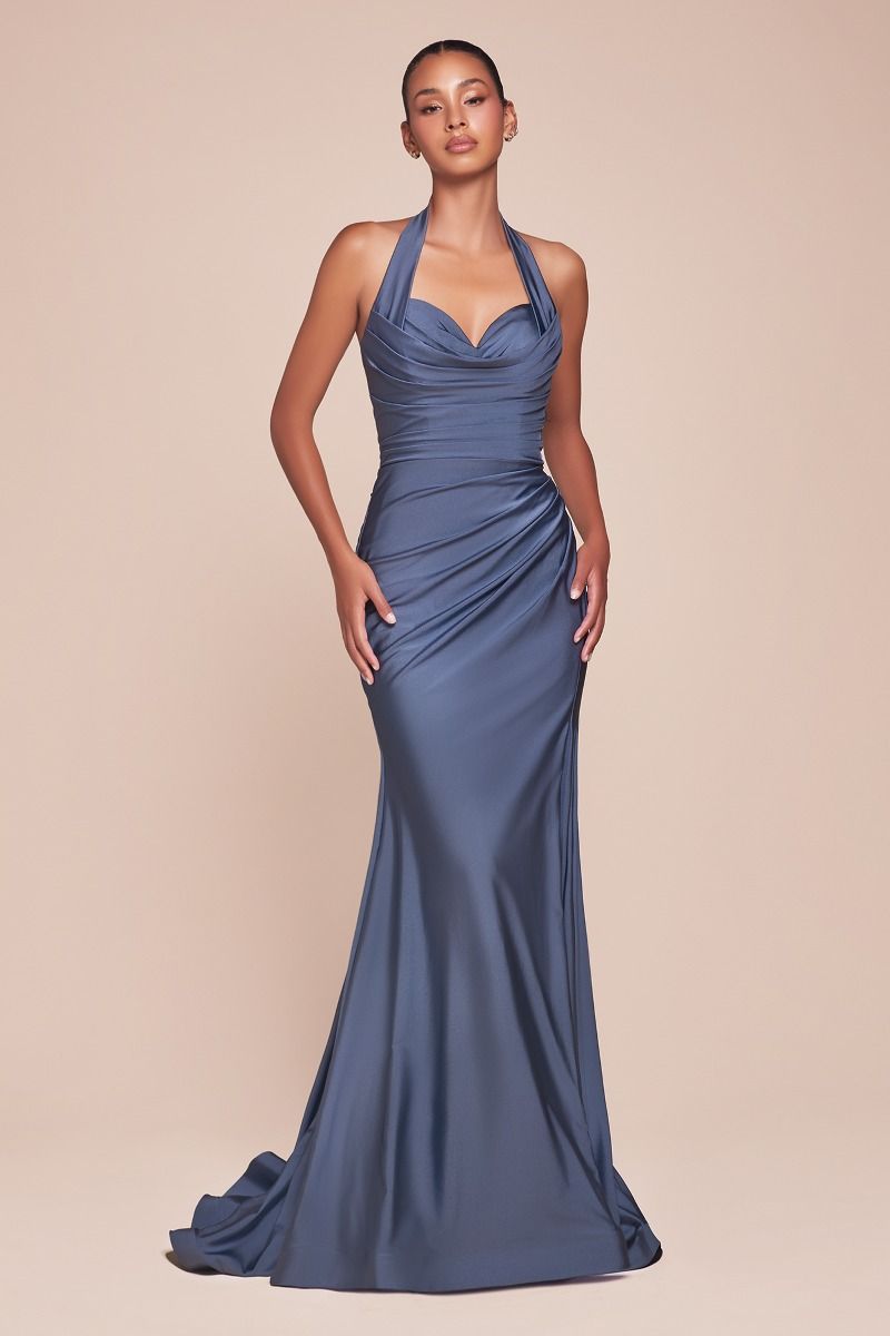 Stetch Satin Halter Fitted Dress 2-5