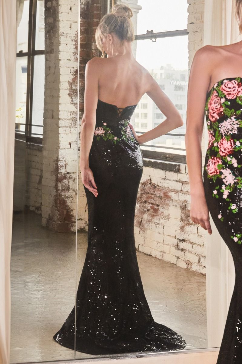 Strapless Floral Patterned Sequin Dress-1