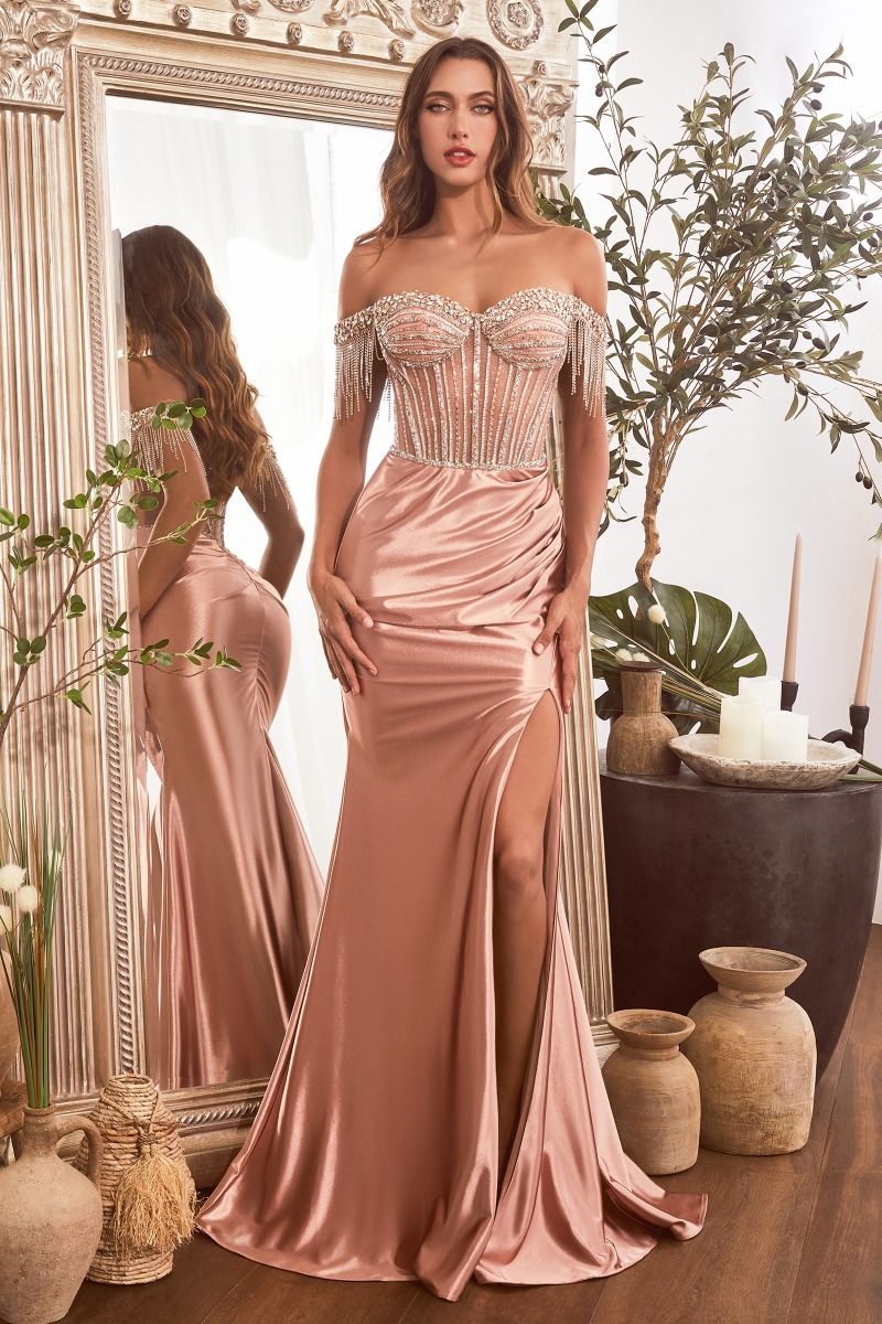 Embellished Off The Shoulder Satin Gown-3
