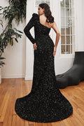 One Shoulder Long Sleeve Fitted Sequin Gown-0