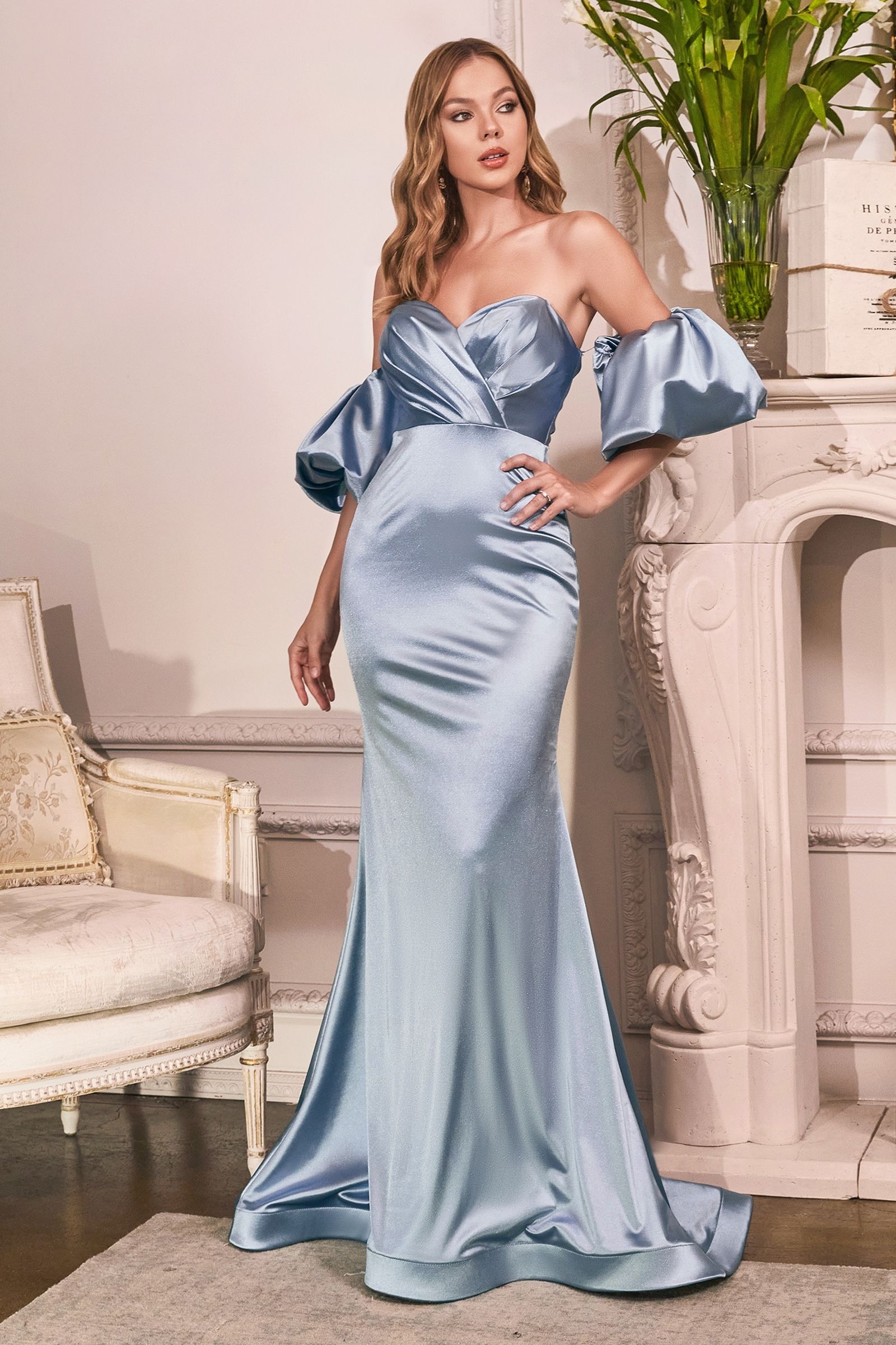 Puff Sleeve Satin Curve Gown-5