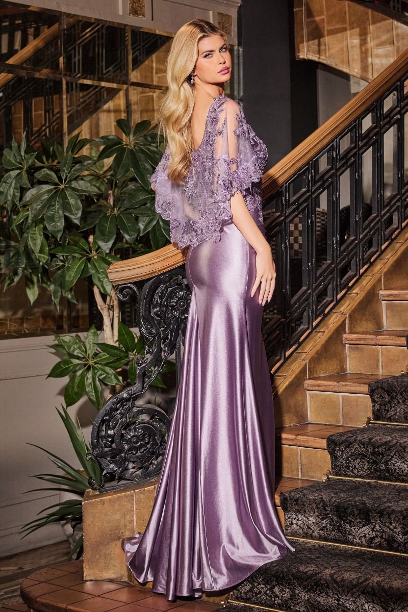 Stretch Satin Fitted Dress & Removable Lace Caplet-8