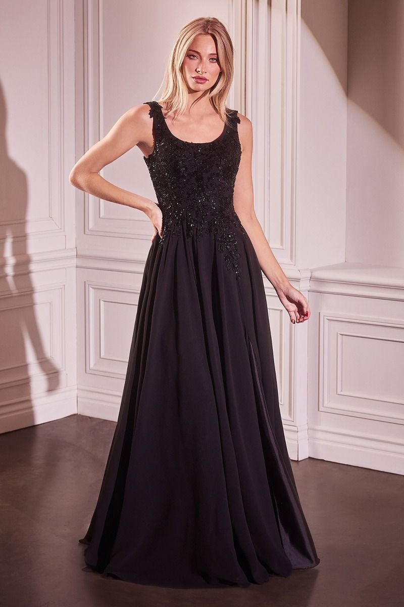 Chiffon A-Line Beaded Lace Bodice Dress With Removable Cape-1