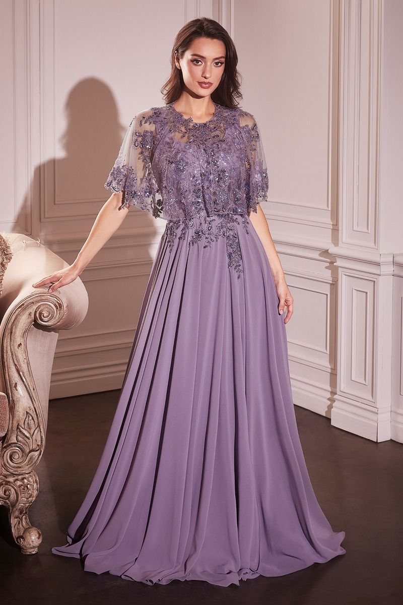 Chiffon A-Line Beaded Lace Bodice Dress With Removable Cape-4