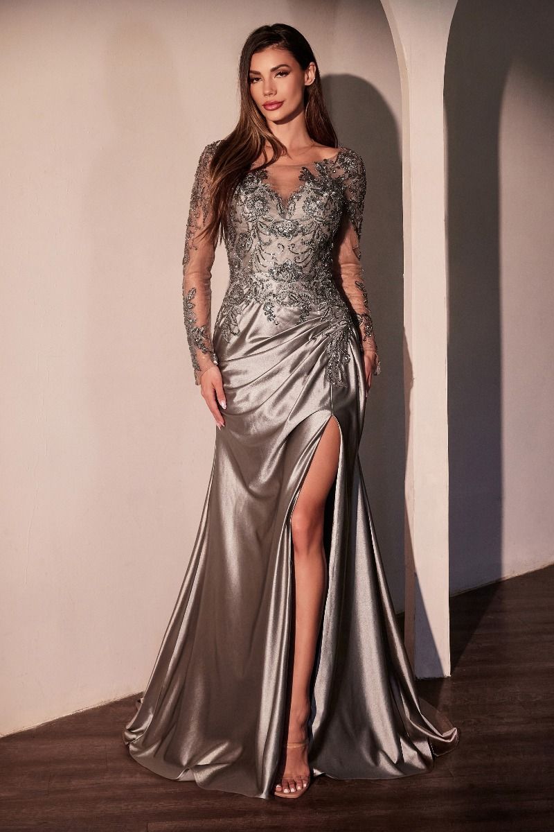 Lace Long Sleeve Satin Fitted Gown-4