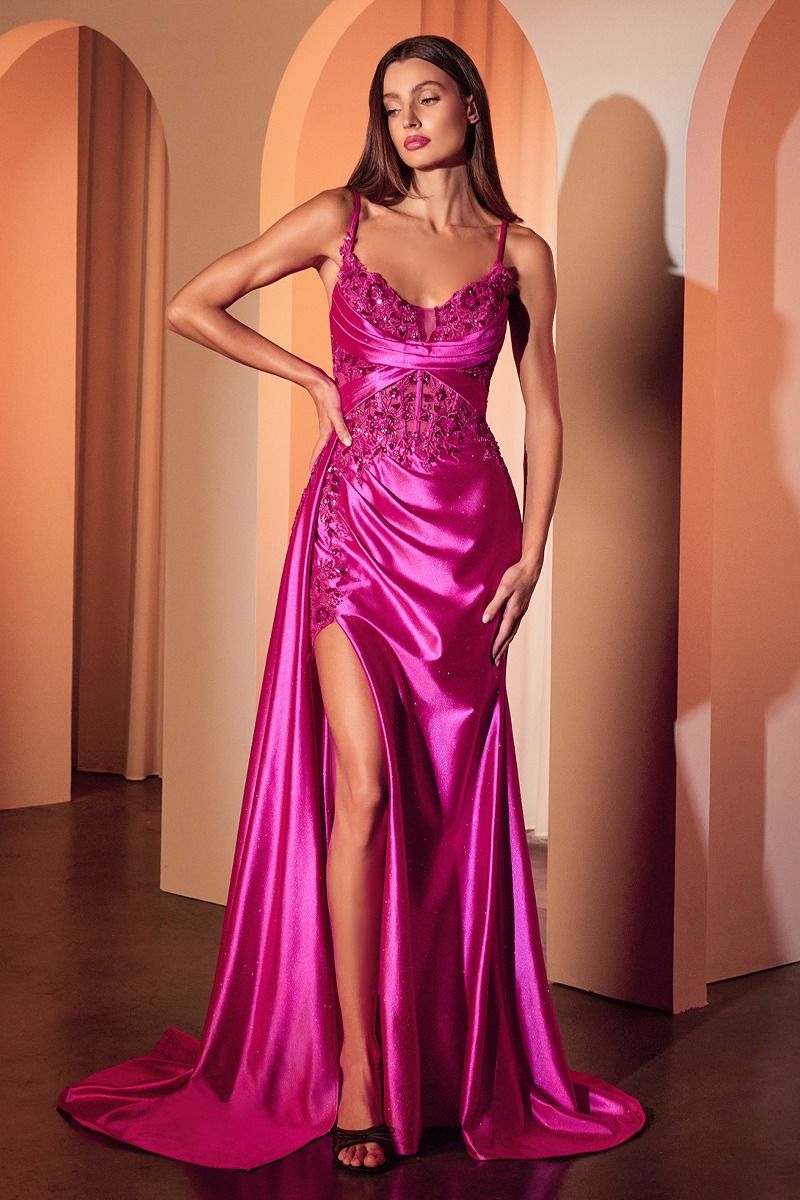 Fitted Satin & Lace Evening Gown-3