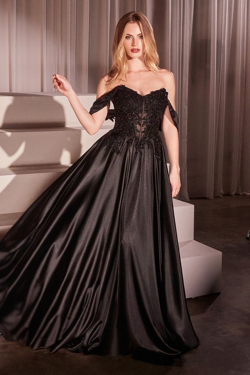 Off The Shoulder Lace & Satin A-Line Dress-0