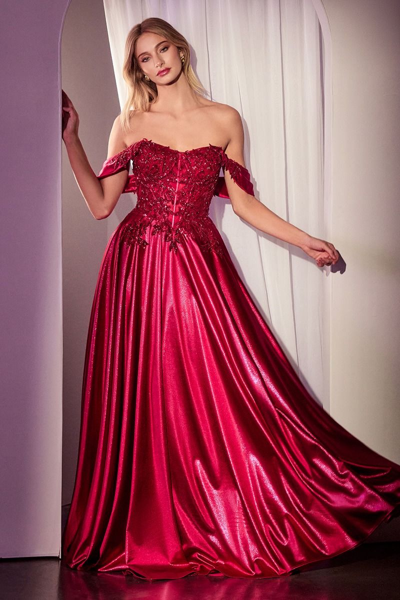 Off The Shoulder Lace & Satin A-Line Dress-0