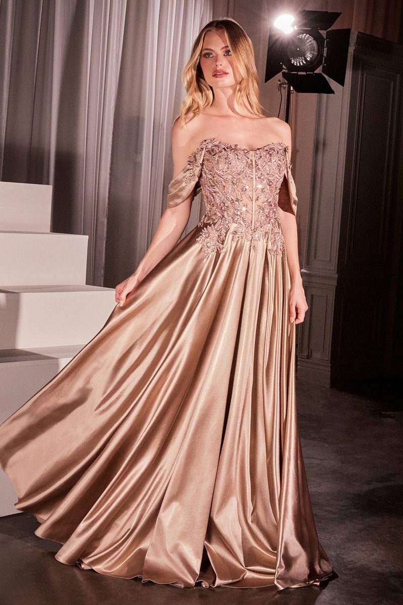 Off The Shoulder Lace & Satin A-Line Dress-1
