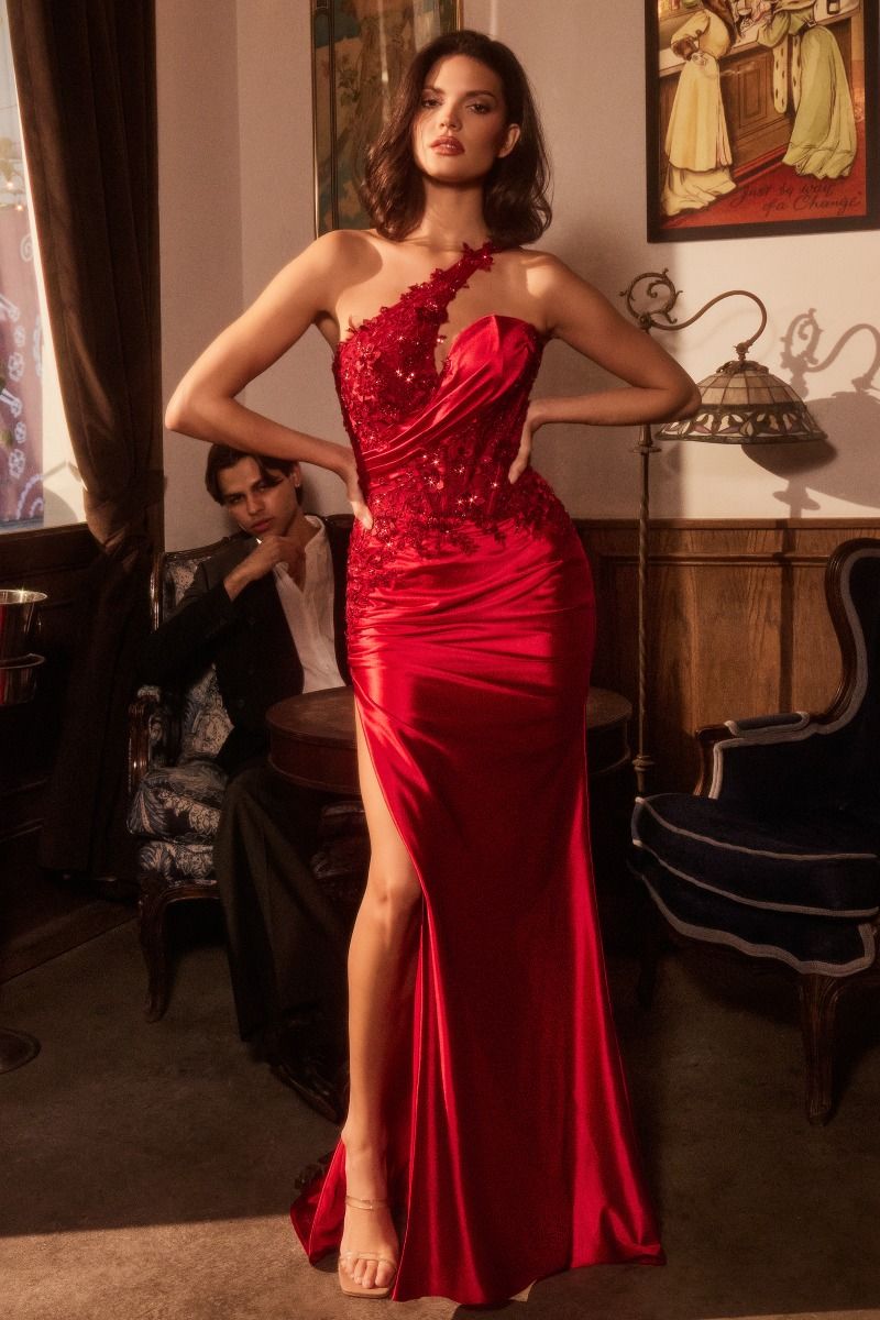 One Shoulder Satin Dress With Lace Applique-4