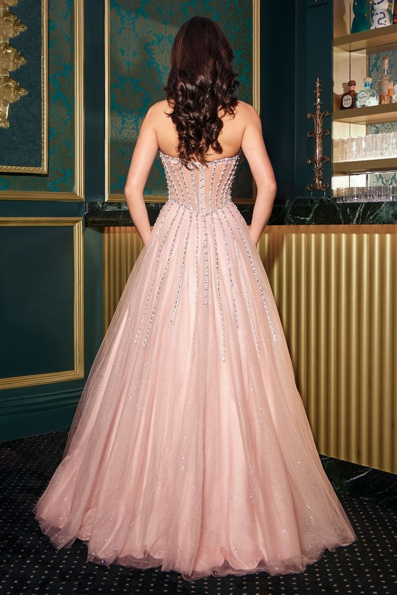 Strapless Ball Gown Beaded Bustline Linear Crystal Glitter Tulle Skirt-2