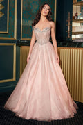 Strapless Ball Gown Beaded Bustline Linear Crystal Glitter Tulle Skirt-0