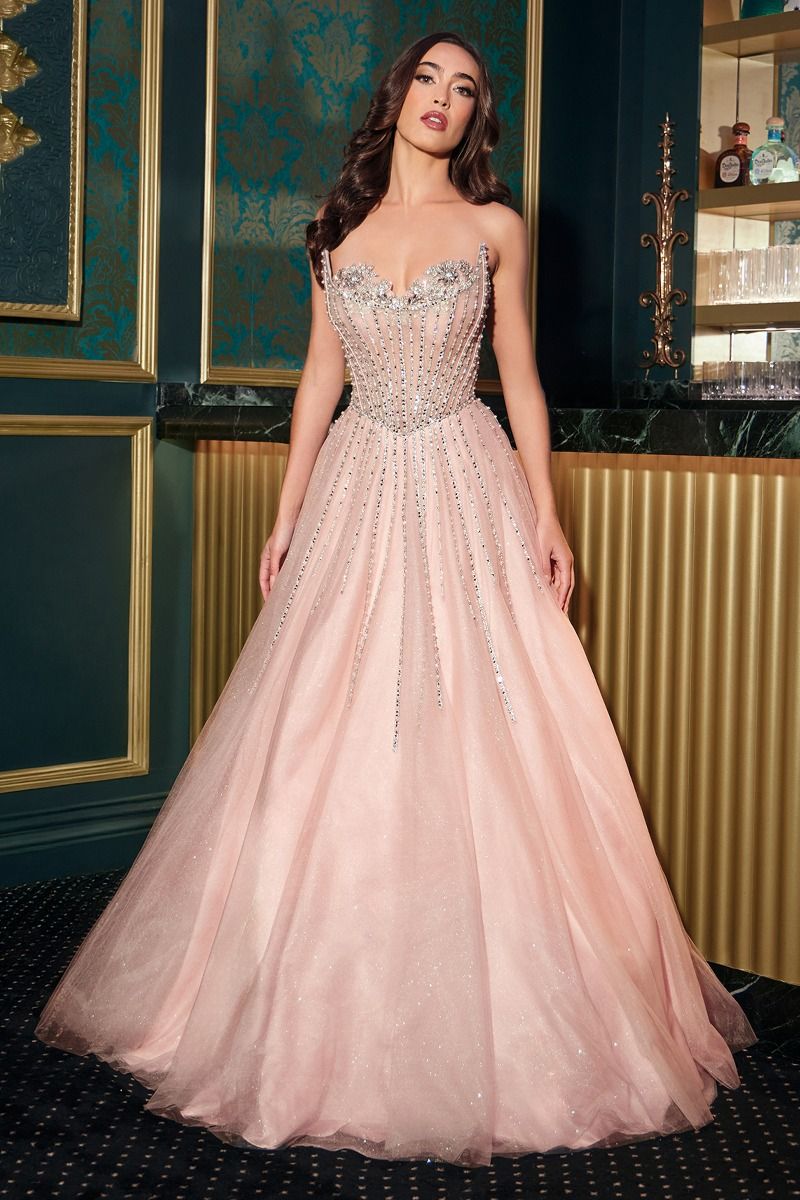 Strapless Ball Gown Beaded Bustline Linear Crystal Glitter Tulle Skirt-0