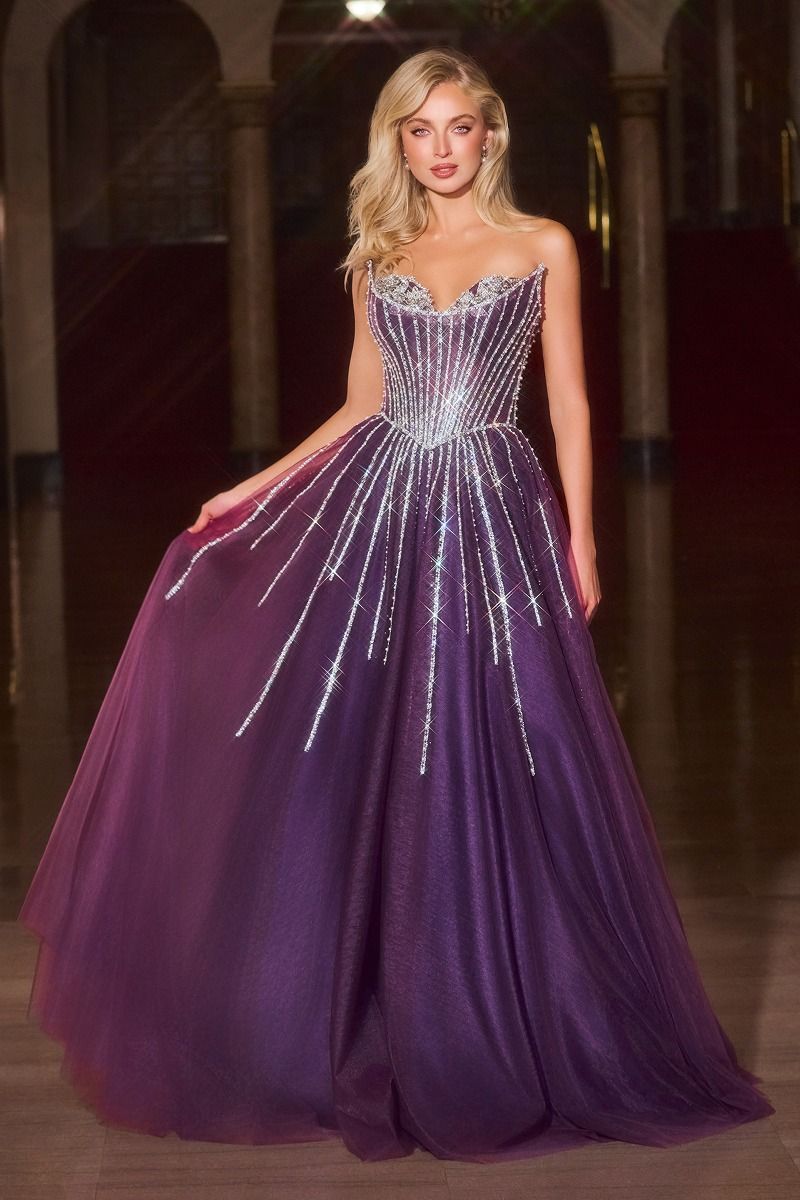 Strapless Ball Gown Beaded Bustline Linear Crystal Glitter Tulle Skirt-4