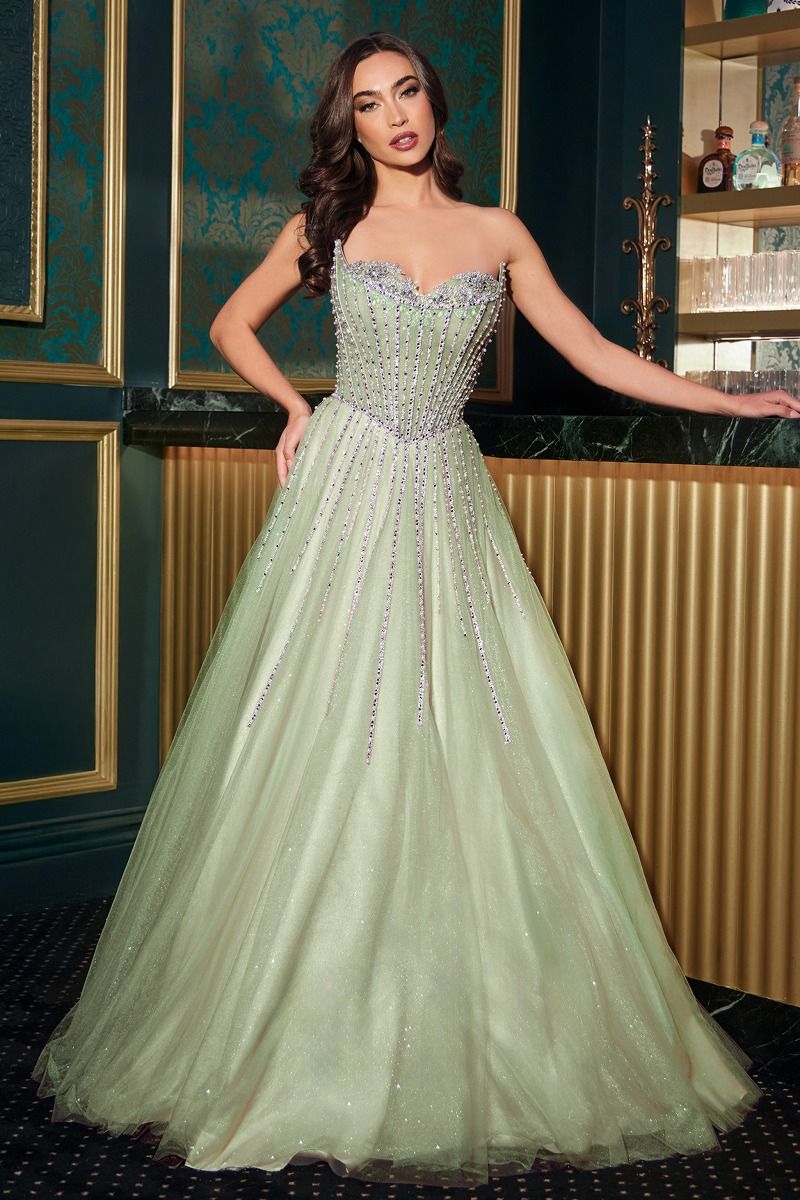 Strapless Ball Gown Beaded Bustline Linear Crystal Glitter Tulle Skirt-3