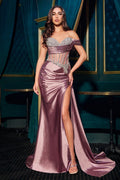 One-Shoulder Crystal Beaded Corset Gown with Satin Slit-0