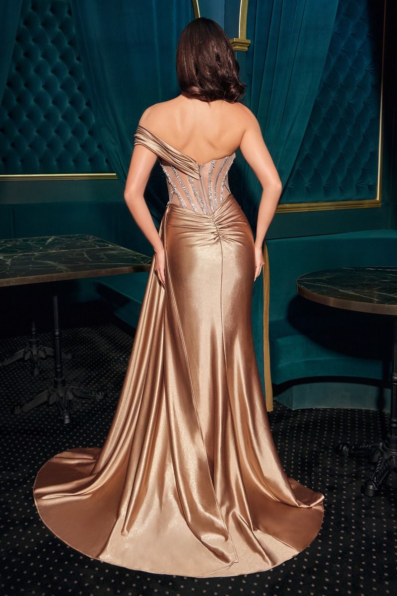 One-Shoulder Crystal Beaded Corset Gown with Satin Slit-3