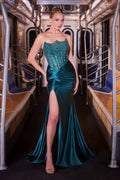 Strapless Reverse Sweetheart Crystal Beaded Fitted Satin Gown with Slit-6
