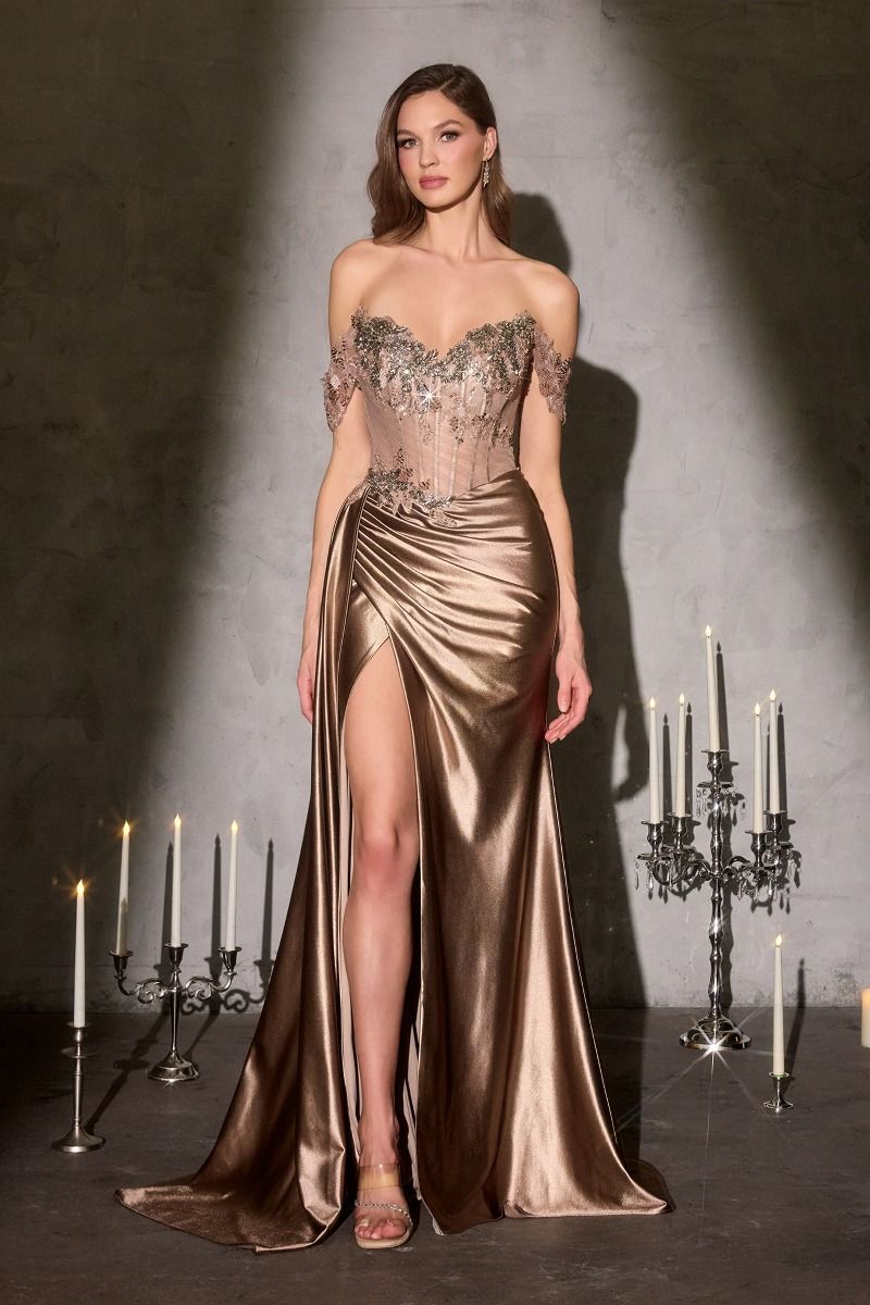 Golden Off-Shoulder Corset Gown With Floral Beading-2