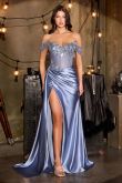 Golden Off-Shoulder Corset Gown With Floral Beading-5