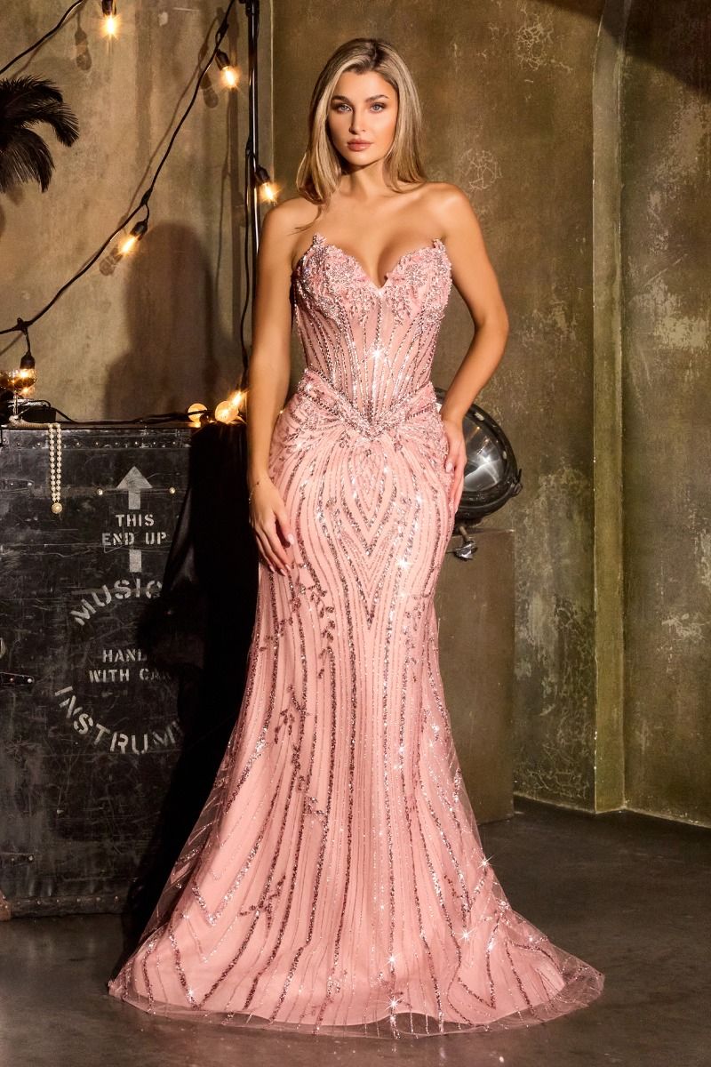 Strapless Beaded Corset Gown with Lace-Up Back-0